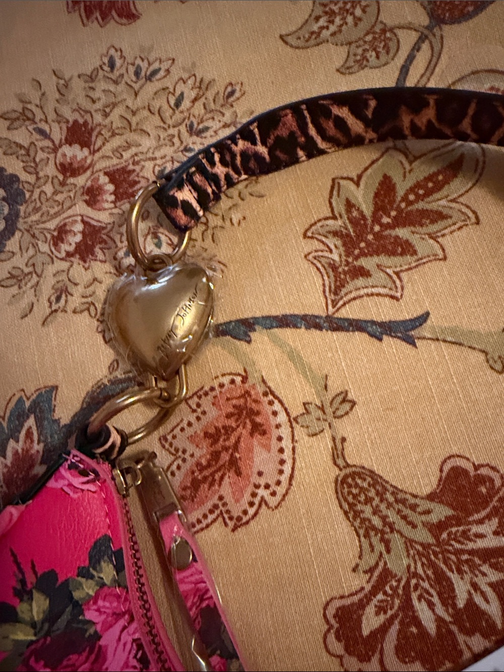 Betsey Johnson Hot Pink Floral Crescent Shoulder Bag with Leopard Strap - Picture 2 of 4
